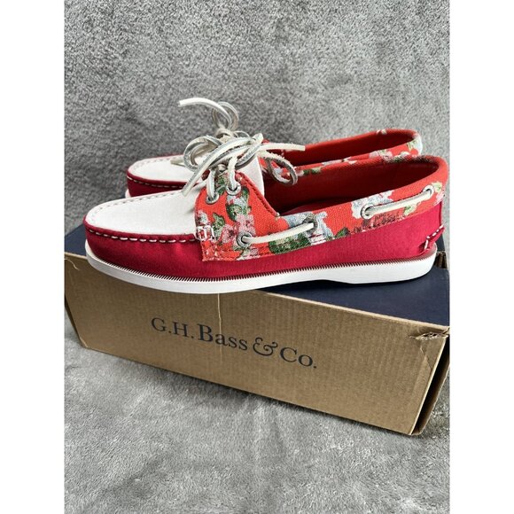 GH Bass Co Shoes - New GH Bass Co Women’s 6.5 Marina Red Leather Floral Canvas Boat Shoes Preppy